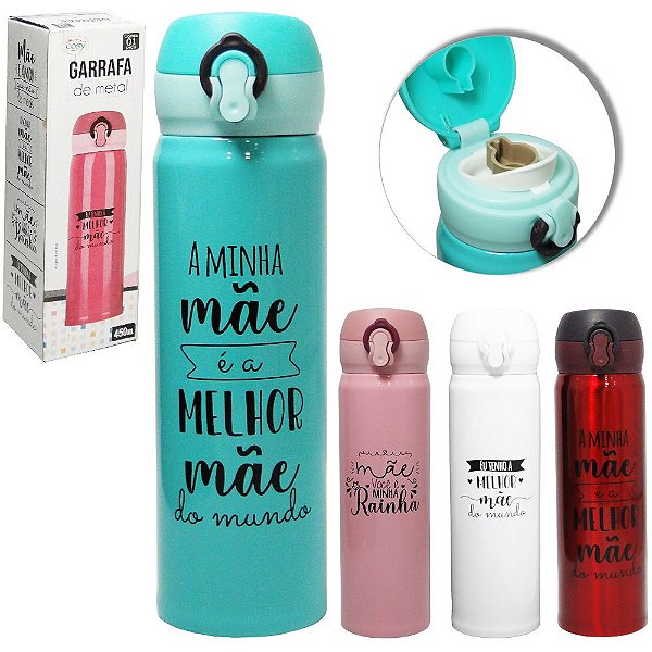 GARRAFA SQUEEZE DE ALUMINIO DIA DAS MÃES COM BOTAO + TRAVA 450ML