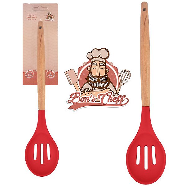 COLHER DE SILICONE VAZADA VERMELHO CABO MADEIRA  31X6,5CM