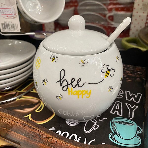 Açucareiro / Porta Condimento de Porcelana com Colher e Tampa Abelhinha Honey Hauskraft 350ml