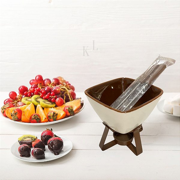JOGO DE FONDUE DE PORCELANA NAMUR COM 2 GARFOS PANELA SUPORTE VELA HAUSKRAFT 300ML