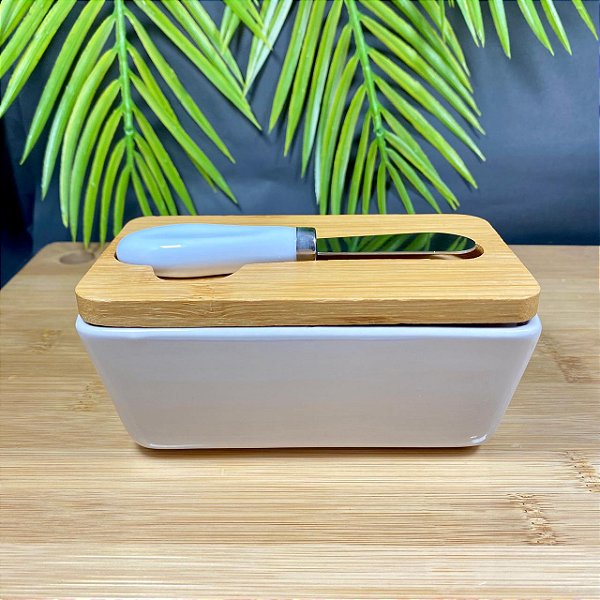 MANTEIGUEIRA DE PORCELANA COM ESPATULA E TAMPA DE BAMBU CASUAL HAUSKRAFT 400ML 15X8,5X7CM