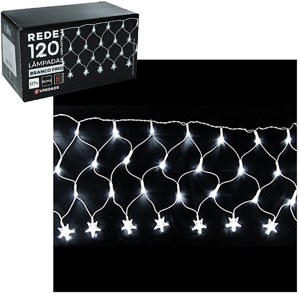 PISCA PISCA REDE 120 LEDS ESTRELA / LAMPADA BRANCA FRIO 127V 30CMX3M 8 FUNCOES