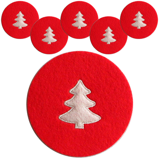 PORTA COPO DE FELTRO REDONDO ARVORE DE NATAL 10CM DE Ø COM 6 PECAS