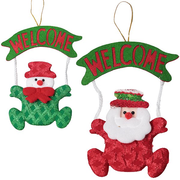 PENDENTE PLACA WELCOME PAPAI NOEL / BONECO DE NEVE VERDE / VERMELHO 19X16CM SORTIDO