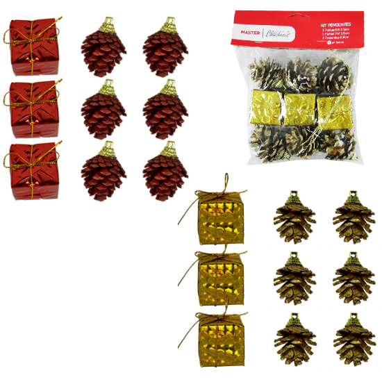 ENFEITE ÁRVORE DE NATAL PENDENTE PINHA / PRESENTE DOURADO / VERMELHO COM 9 PECAS 3,5CM