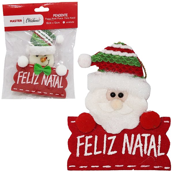 PENDENTE PAPAI NOEL / BONECO DE NEVE COM PLACA FELIZ NATAL 12X10CM