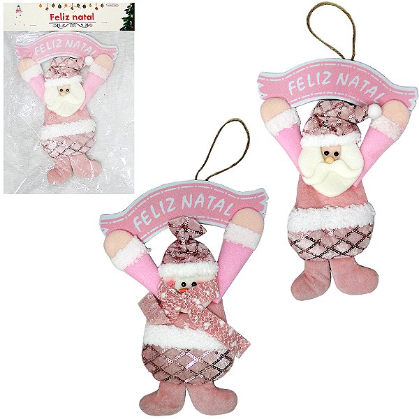 GUIRLANDA DE NATAL PAPAI NOEL OU BONECO DE NEVE C/PLACA FELIZ NATAL ROSA 25X18CM