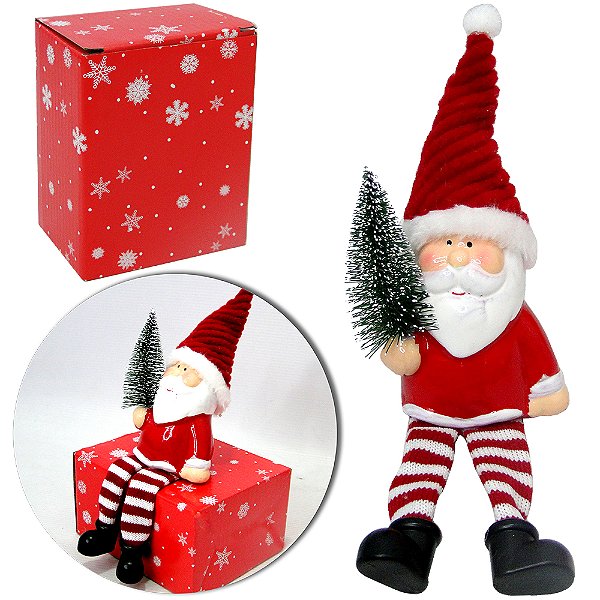 PAPAI NOEL DE CERAMICA SENTADO C/ARVORE E PERNA DE TECIDO 21X13CM