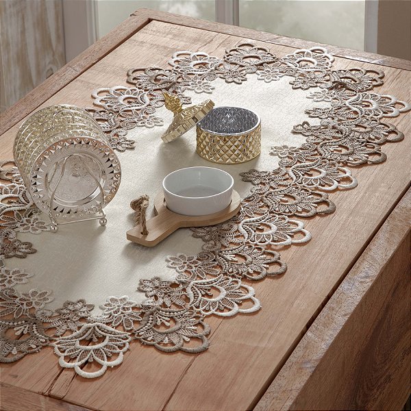 CAMINHO DE MESA RENDADO 100% PES VENEZA 0,40X0,90CM MESCLADO BRANCO E CINZA
