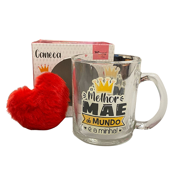 Caneca Xicara de Vidro com Frases para Mãe + Chaveiro de Pelúcia Coração
