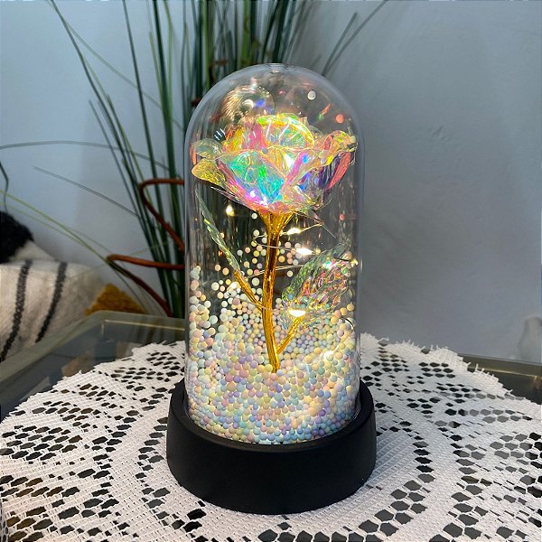 ENFEITE CUPULA COM FLOR CINTILANTE E BOLINHAS + LED 14cm x 8,5 cm