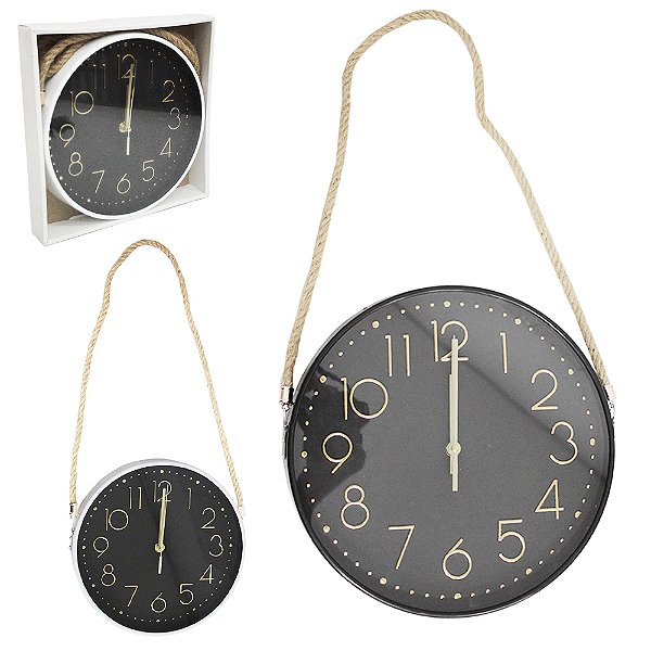 Relógio de Parede Redondo 30cm com Alça de Corda – Preto, Decorativo e Funcional