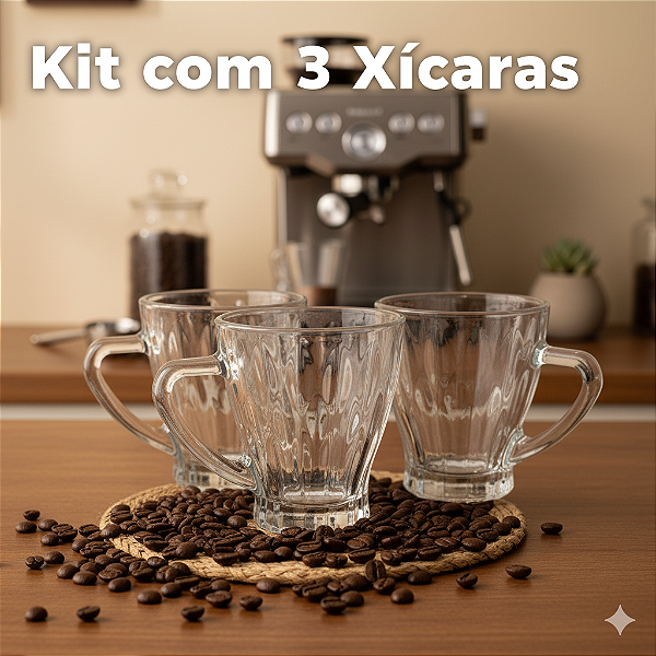 Conjunto 3 Xícaras de Vidro Transparente Amélia 180ml – Design Clássico e Resistente