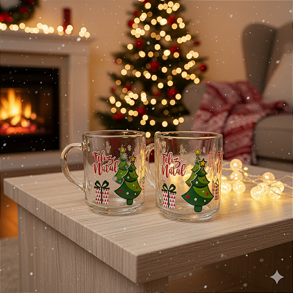 KIT CANECA XICARA DE NATAL DE VIDRO COM 2 PÇS DE 245ML WINCY