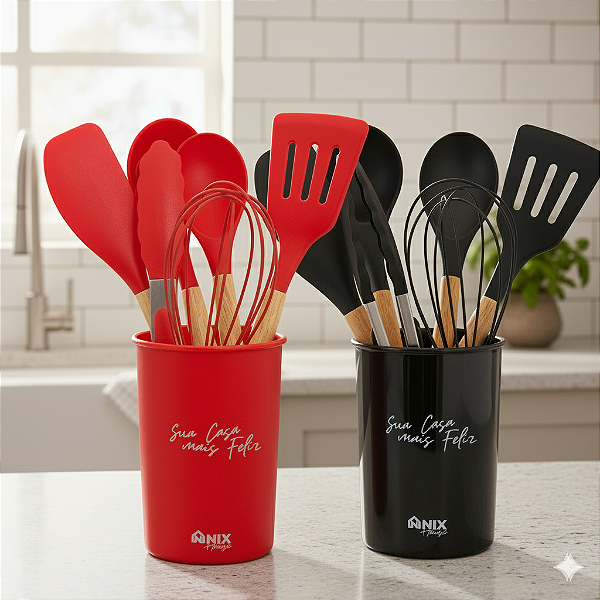 Kit Utensílios de Cozinha Silicone com Madeira 7 Peças – Concha, Colher, Espátula, Fouet, Pão Duro, Pegador e Suporte