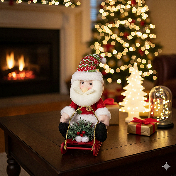 Papai Noel de Trenó 33cm Decoração de Natal em Feltro Enfeite Natalino para Sala e Estante