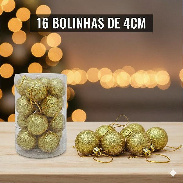 BOLA DE NATAL GLITTER DOURADA C/16 PCS 4CM0 NO TUBO - ENFEITE NATAL ARVORE