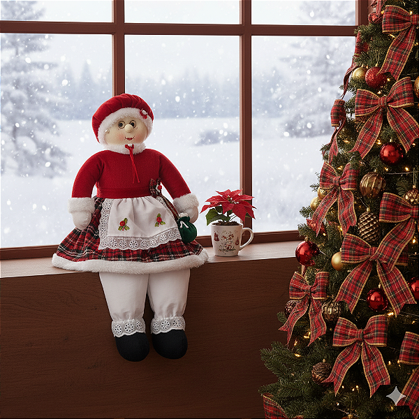 Mamãe Noel Sentada Artesanal 55cm com Roupa Xadrez – Decoração de Natal Elegante e Aconchegante