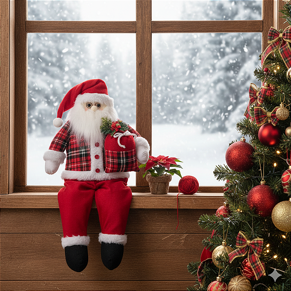 Papai Noel Sentado Artesanal 55cm de Pelúcia – Decoração de Natal Tradicional e Encantadora