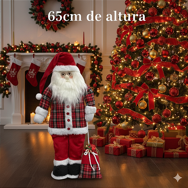 Papai Noel em Pé 65cm de Pelúcia Xadrez – Decoração de Natal Artesanal Tradicional e Elegante