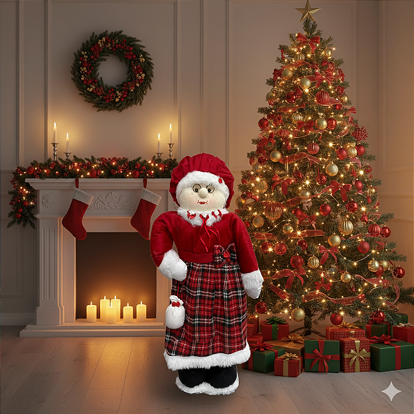 Boneco Mamãe Noel em Pé 65cm de Pelúcia Xadrez – Decoração de Natal Artesanal, Tradicional e Encantadora