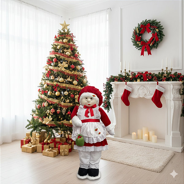 Mamãe Noel em Pé 65cm de Pelúcia Artesanal – Enfeite Natalino com Vestido Curto Vermelho e Branco