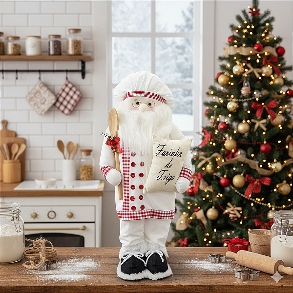 Papai Noel Cozinheiro em Pé 60cm de Pelúcia – Decoração de Natal Artesanal e Tradicional