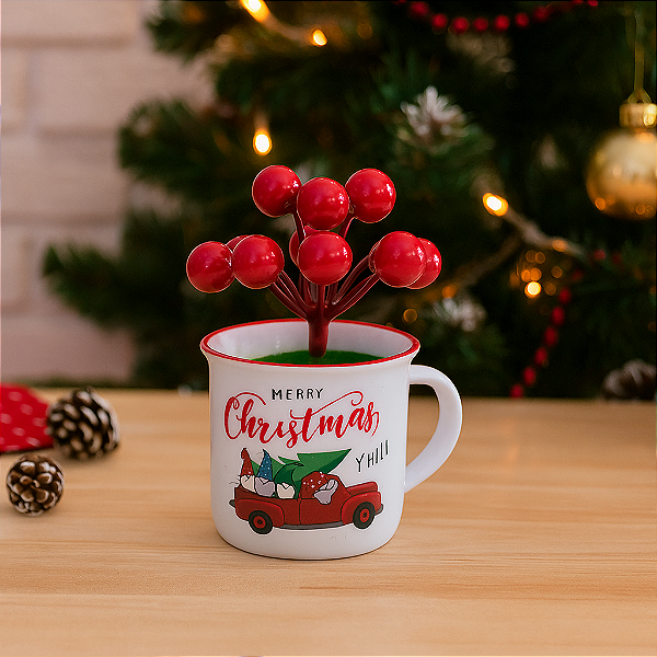 Enfeite Natalino Caneca com Cerejeira 10x7cm – Decoração de Natal Charmosa e Delicada