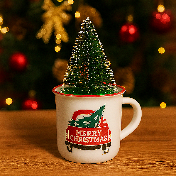 Enfeite Natalino Caneca com Pinheiro 10x7cm – Decoração Charmosa e Criativa para o Natal