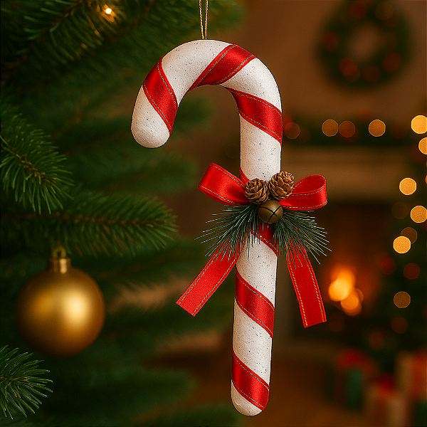 PENDENTE NATAL BENGALA COM PINHA + GUIZO 30CM - ENFEITE NATALINO RIO MASTER