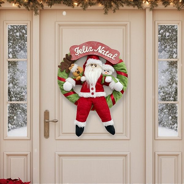 Guirlanda aro 30cm com Papai Noel + Rena + Boneco de Neve Pelúcia- Decoração Natal Luxo