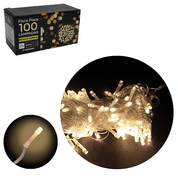 NT. PISCA 100 LEDS BRANCO QUENTE 127V 60HZ 8 FUNCOES 9 MTS FIO TRANSPARENTE NW009NC1001 NEWWAY
