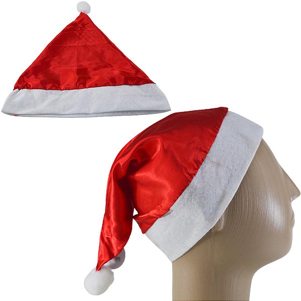 Touca de Papai Noel Cetim 40,5x30,5cm | Gorro Natal Vermelho e Branco | Acessório Natalino Festa