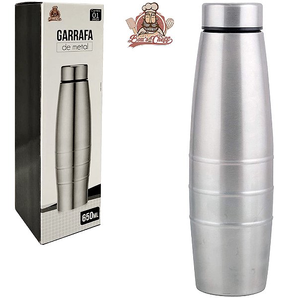 Garrafa Squeeze Metal 650ml Prata Bons Cheff | Squeeze com Tampa | Garrafa Esportiva Academia