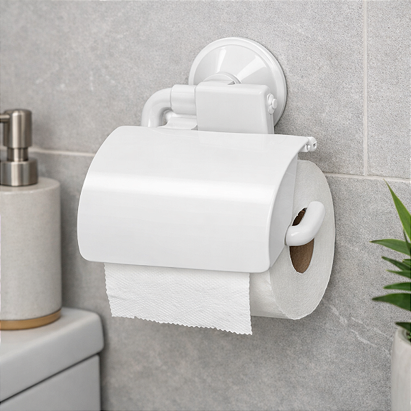 SUPORTE PAPEL HIGIENICO DE PAREDE DE PLASTICO BRANCO C/TP. + VENTOSA E AUTOADESIVO