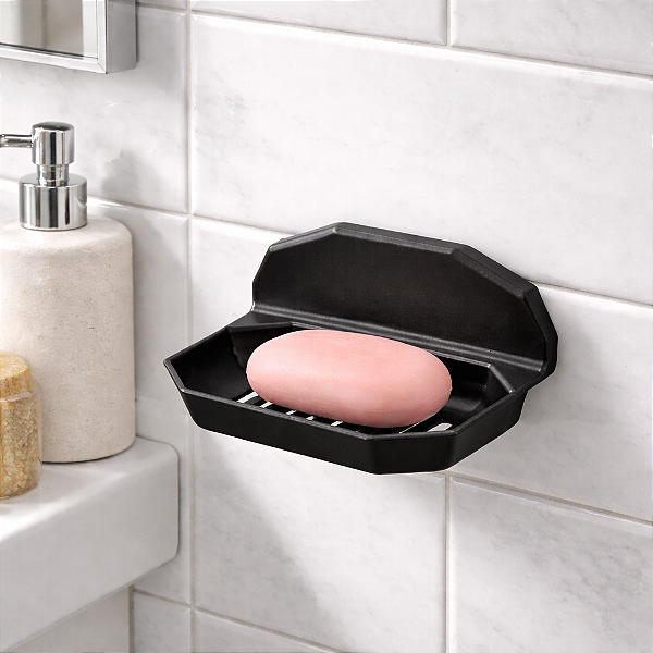 SABONETEIRA DE PAREDE DE PLASTICO PRETO C/VENTOSA 12X10X8CM