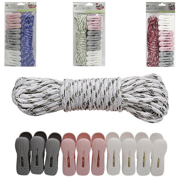 KIT VARAL PRENDEDOR  C/10 PC 6X1,9CM + CORDA MESCLADA DE VARAL 10 MTS - COR SORTIDA