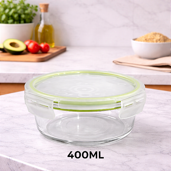 POTE DE VIDRO BOROSSILICATO REDONDO HERMETICO E TRAVA 400ML