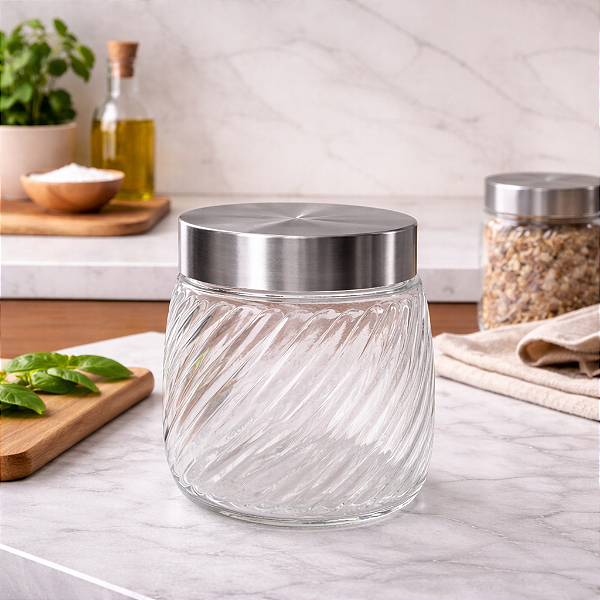POTE DE VIDRO REDONDO C/TP. DE METAL 800ML 12,2X12,2CM