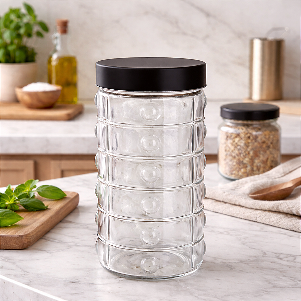 POTE DE VIDRO REDONDO COM TP. DE METAL BLACK 1,7L - 22x11cm