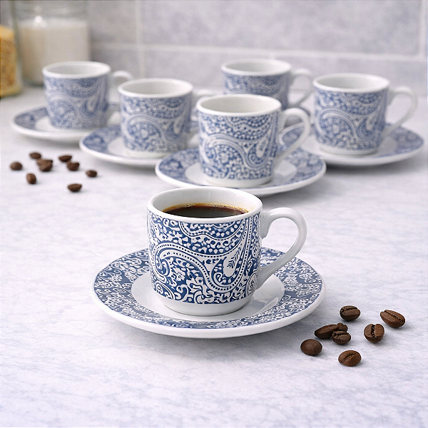 JOGO DE XÍCARAS DE PORCELANA COM PIRES PARA CAFÉ BLUE FLORAL – 12 PEÇAS | 90ML – LYOR