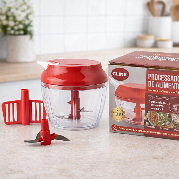 Processador Manual 2 em 1 Clink 500ml Triturador de Alimentos com Lâmina Aço Inox e Batedor de Claras