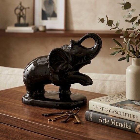 Elefante Preto Esmaltado Cerâmica Decoração Sala Escritório 17x17cm