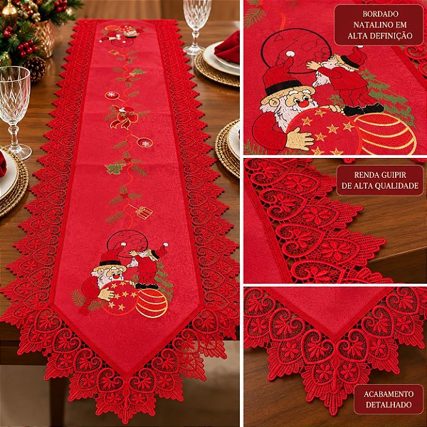 Caminho de Mesa Bordado Natalino 1,80m x 40cm com Renda