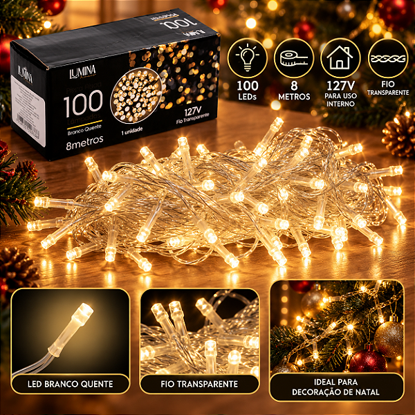 Pisca-Pisca 100 LEDs Branco Quente 127V 8 Funções 8 Metros