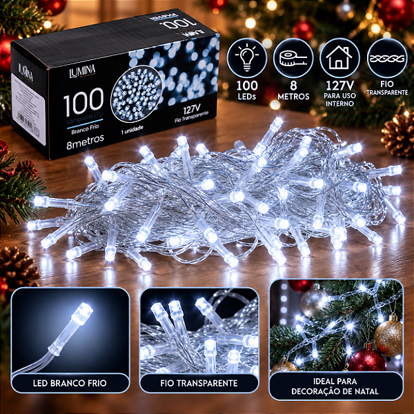 Pisca-Pisca 100 LEDs Branco Frio 127V 8 Funções 8 Metros