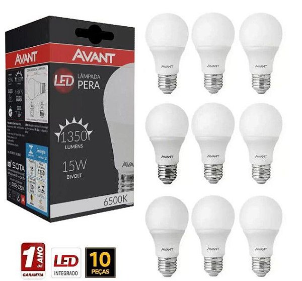 KIT 10 Lâmpada Led Bulbo Pêra 15w 6500k Luz Branca E27 Avant
