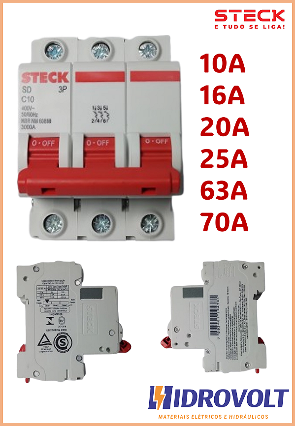 Disjuntor Steck Tripolar 10a 16a 20a 25a 63a 70a Curva C