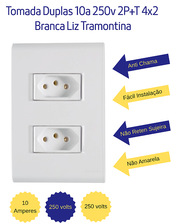 Tomada Dupla 10A 250V 2P+T 4x2 Branca Liz Tramontina