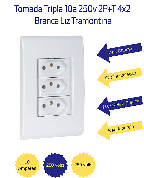 Tomada Tripla 10A 250V 2P+T 4x2 Branca Liz Tramontina